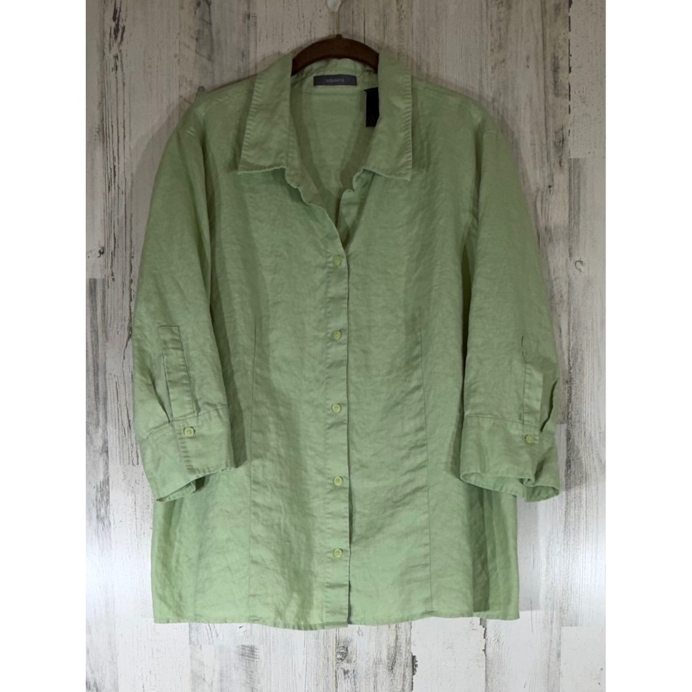 Liz Claiborne Linen Button Down Shirt 2X Green 3/4 Sleeve Office Coastal Casual